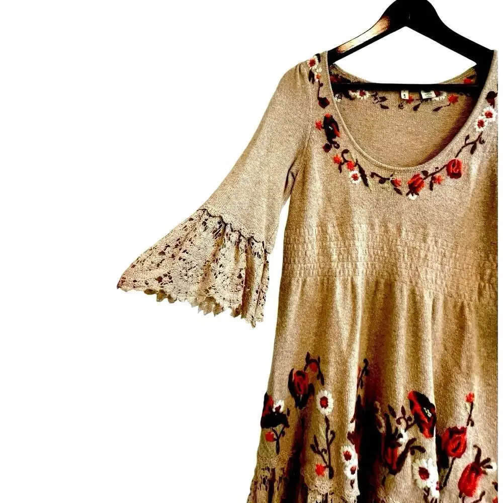 Anthropologie Moth "Village Pass Tunic" Sweater Dress Small Floral Crochet Lace - Picture 4 of 9